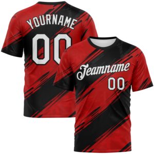 Custom Red White-Black 3D Pattern Brush Stroke Graffiti Diagonal Split Performance T-Shirt