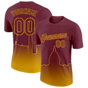 Custom Burgundy Yellow 3D Washington City Edition Fade Fashion Performance T-Shirt