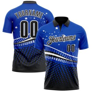 Custom Thunder Blue Black-White 3D Pattern Design Star And Geometric Shapes Performance Polo Shirt