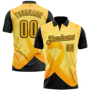 Custom Gold Black 3D Pattern Design Yellow Ribbon Bone Cancer Awareness Performance Polo Shirt