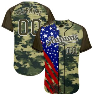 Custom Camo Olive Red Blue Black-White American Flag Side Stripe Patriotic Digital Woodland Camouflage Raglan Sleeves Authentic Baseball Jersey
