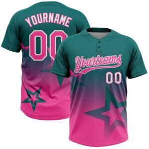 Custom Teal Pink-White Gradient Style Twinkle Star Two-Button Unisex Softball Jersey